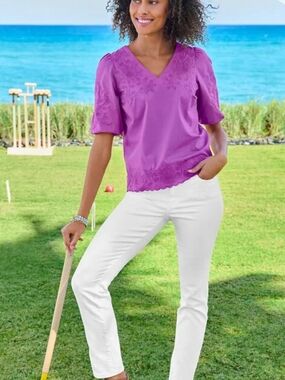 Talbots Purple Embroidered V-Neck Blouse
